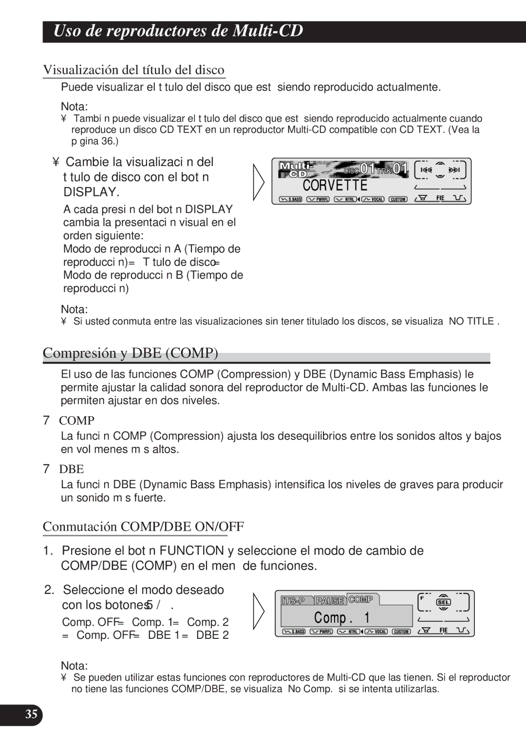 Pioneer KEH-P7900R operation manual Compresión y DBE Comp, Visualización del título del disco, Conmutación COMP/DBE ON/OFF 