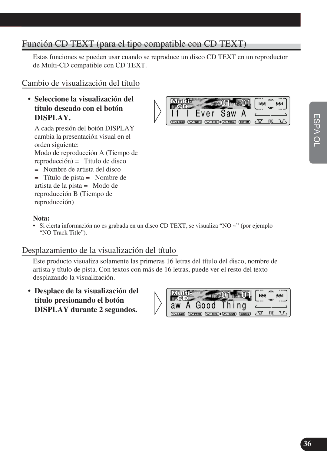 Pioneer KEH-P7900R operation manual Función CD Text para el tipo compatible con CD Text, Cambio de visualización del título 