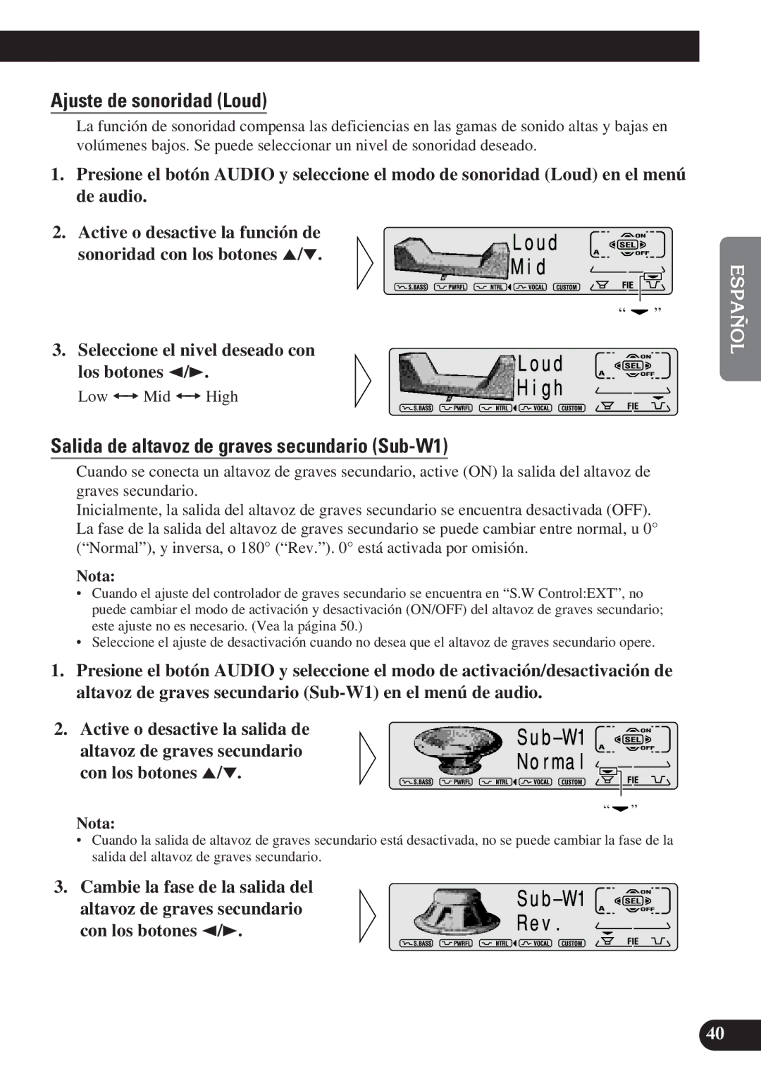 Pioneer KEH-P7900R operation manual Ajuste de sonoridad Loud, Salida de altavoz de graves secundario Sub-W1 