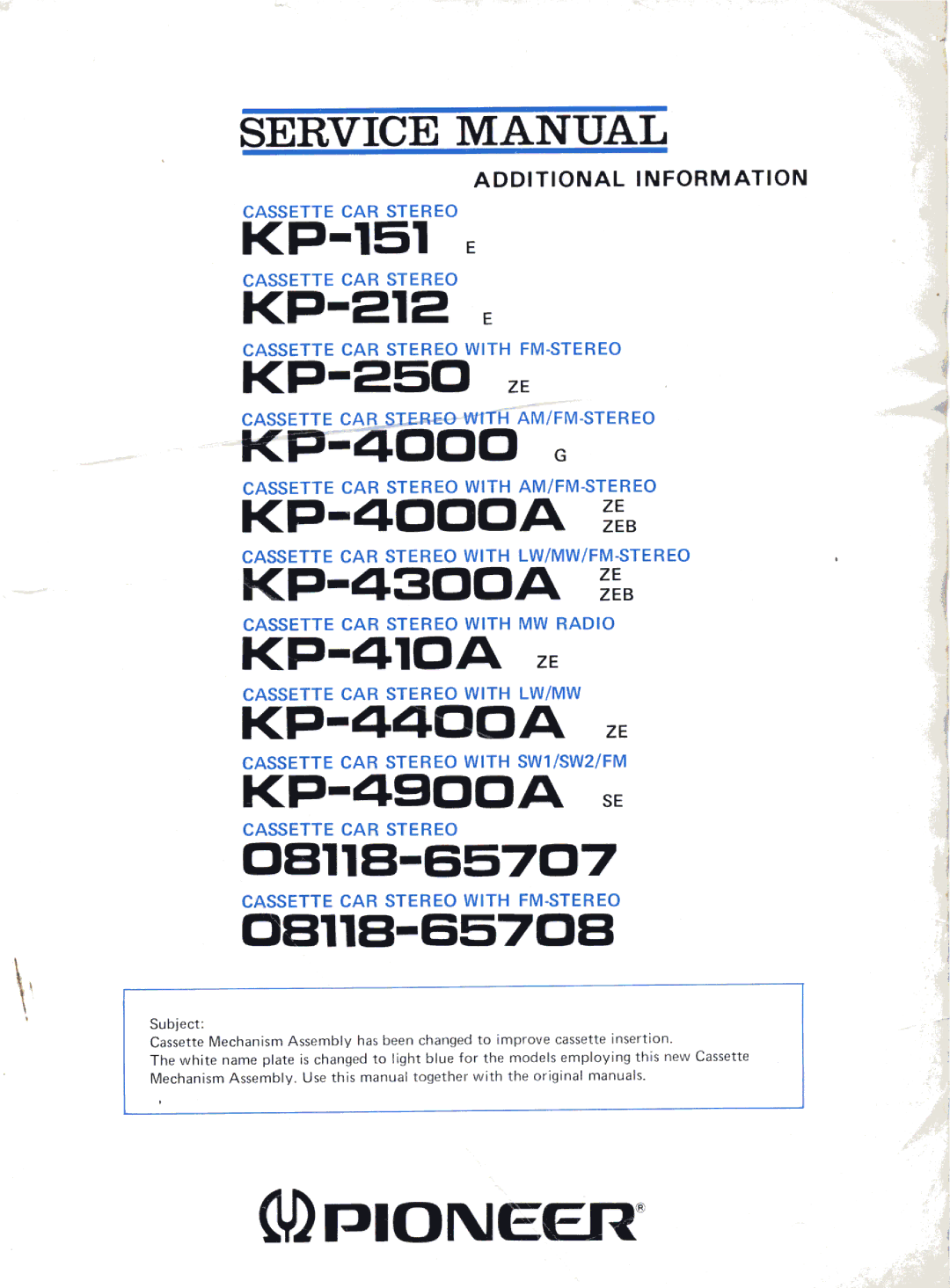 Pioneer KP-4000A, KP-410A, KP-4300A, KP-4400A, KP-250, KP-212, KP-4900A, KP-151, 08118-65707, 08118-65708 manual 