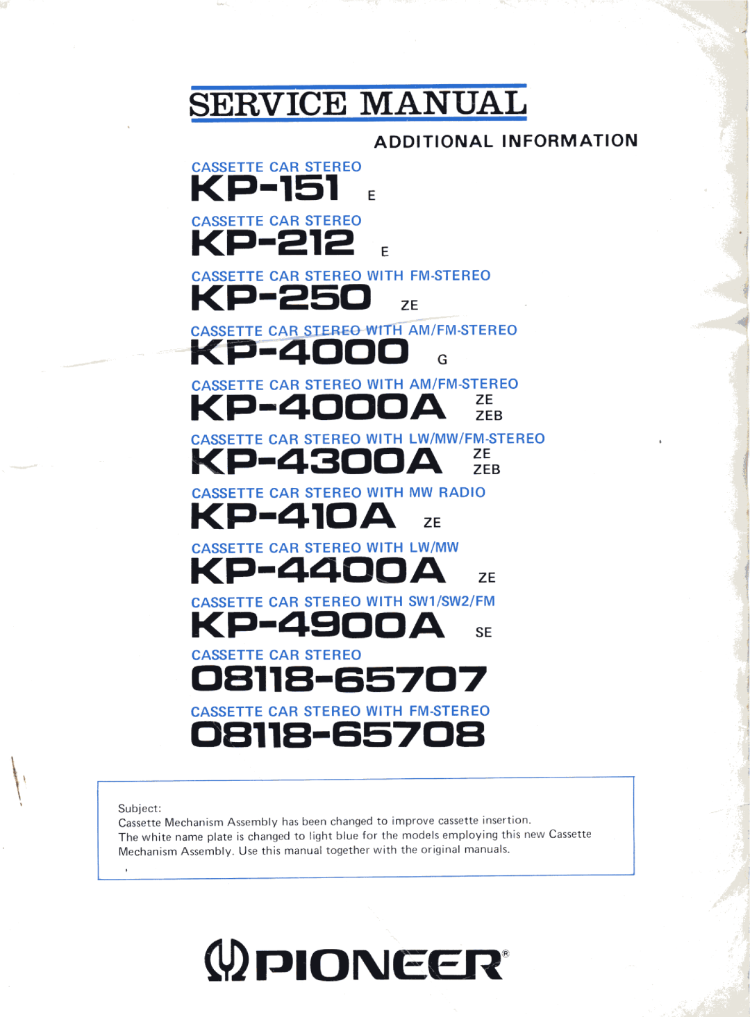 Pioneer KP-4000A, KP-410A, KP-4300A, KP-4400A, KP-250, KP-212, KP-4900A, KP-151, 08118-65707, 08118-65708 manual 