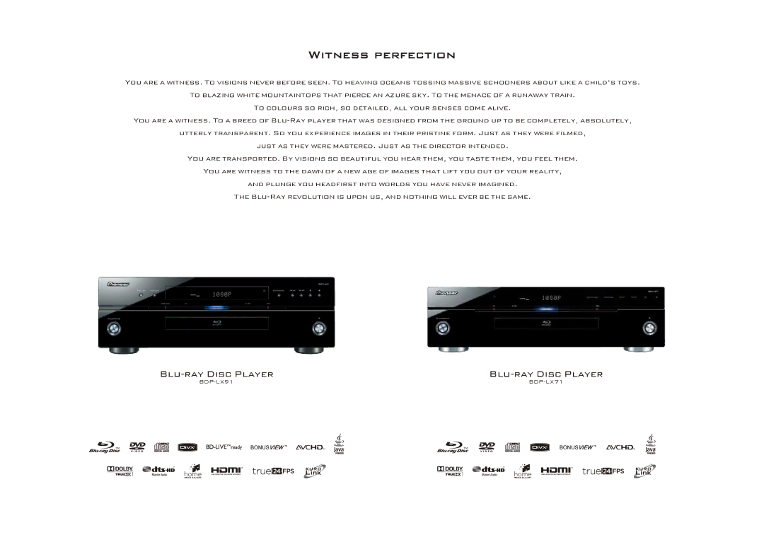 Pioneer KRP-600M, KRP-500M, KRP-500P, KRP-500A manual Witness perfection, Blu-ray Disc Player 