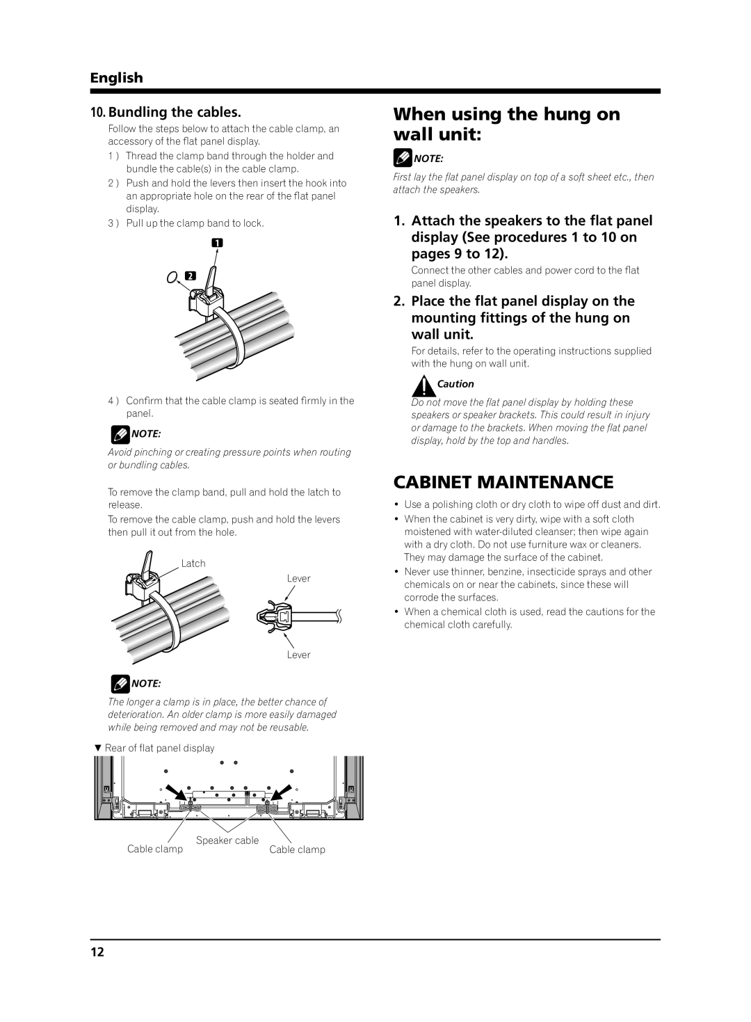 Pioneer KRP-S02 manual When using the hung on, Wall unit, Cabinet Maintenance, English Bundling the cables 