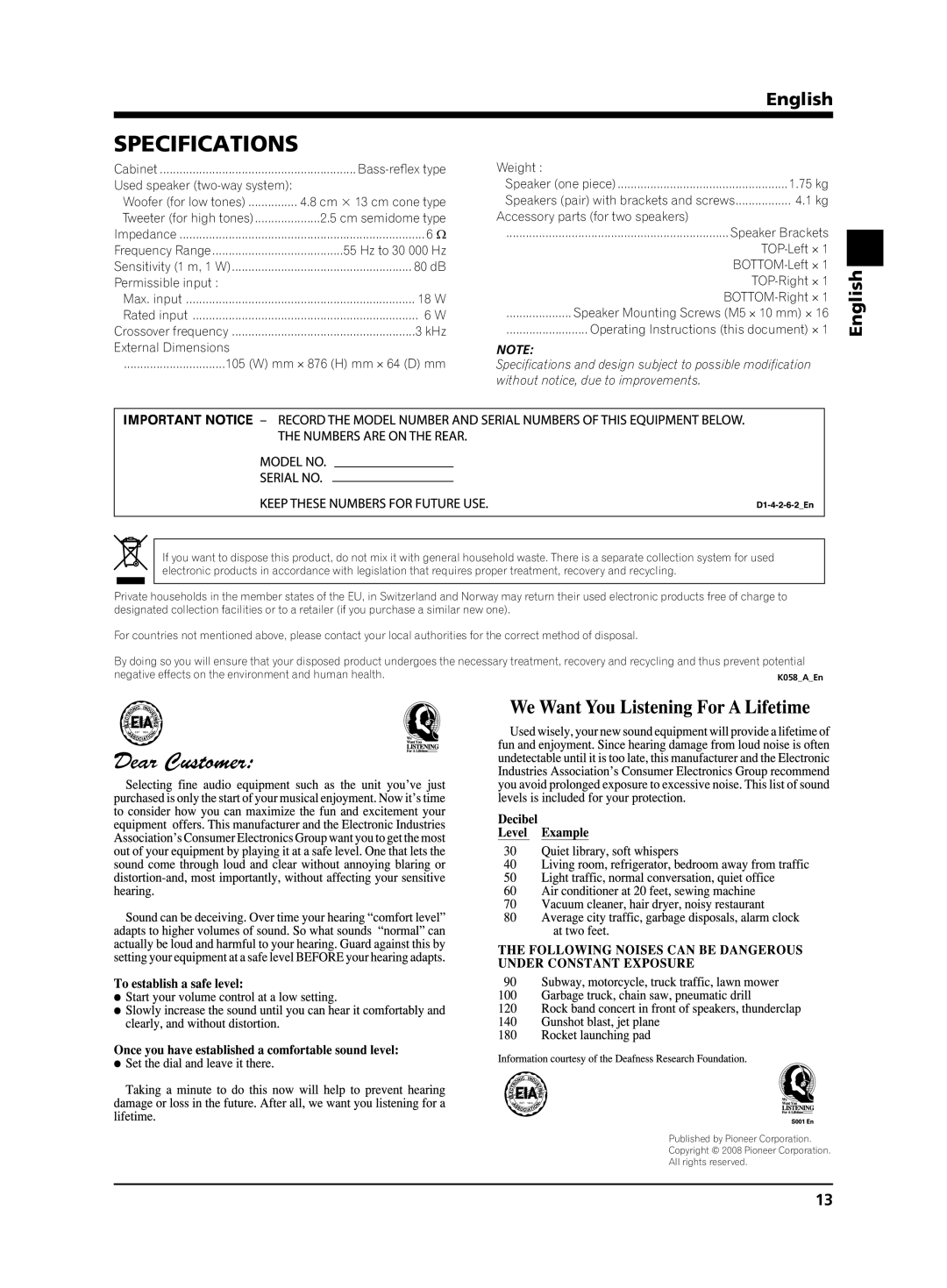 Pioneer KRP-S02 manual Specifications, Bass-reflex type 