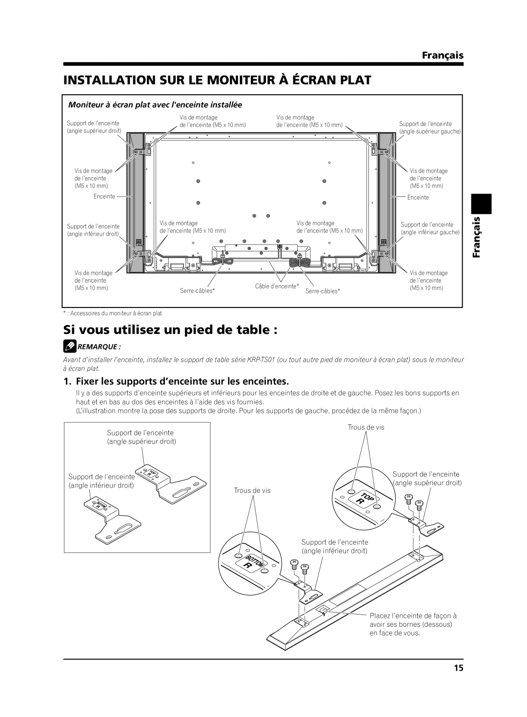 Pioneer KRP-S02 manual Installation SUR LE Moniteur À Écran Plat, Si vous utilisez un pied de table,  Remarque 