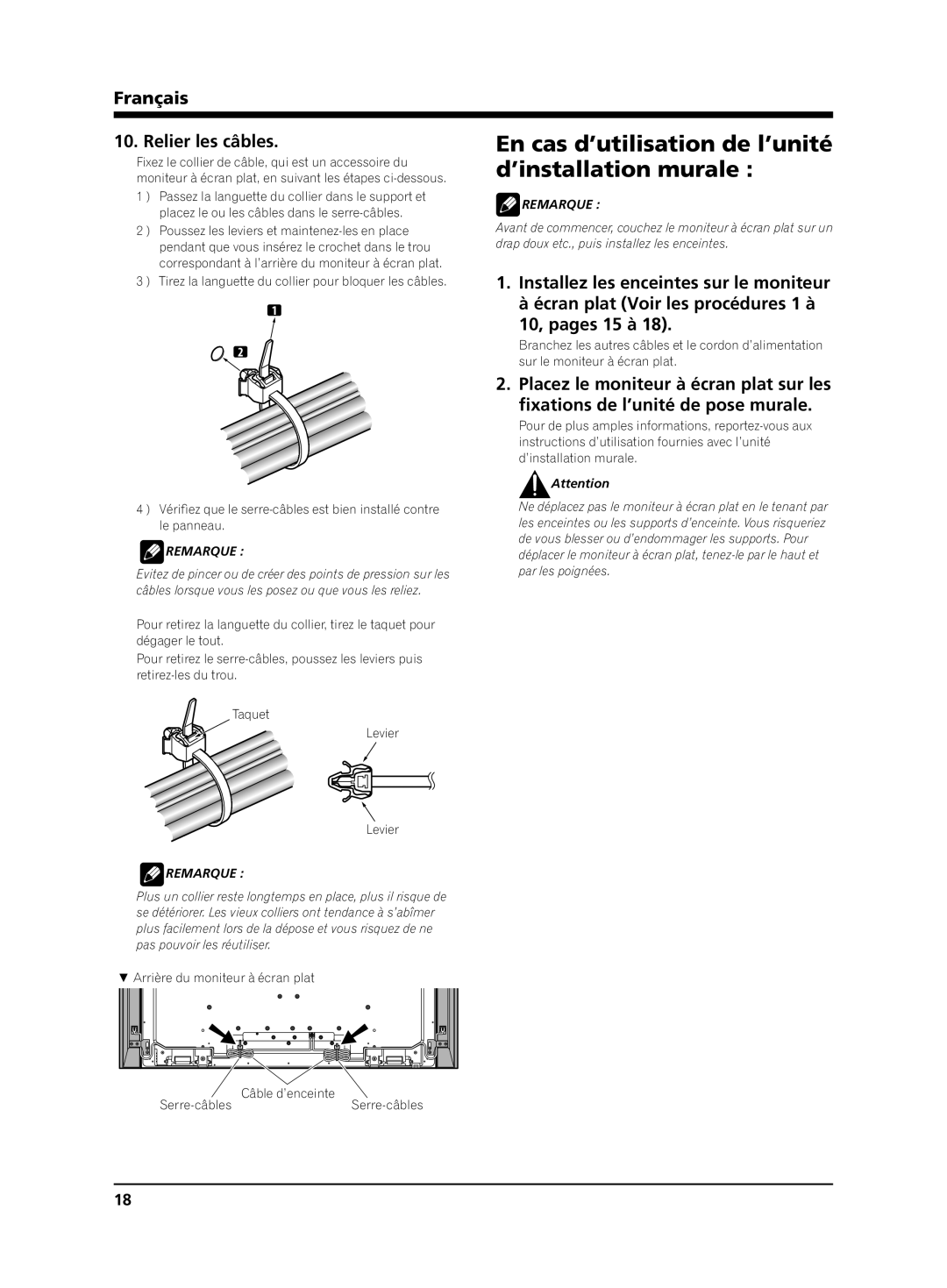 Pioneer KRP-S02 manual En cas d’utilisation de l’unité, ’installation murale, Français Relier les câbles, 10, pages 15 à 