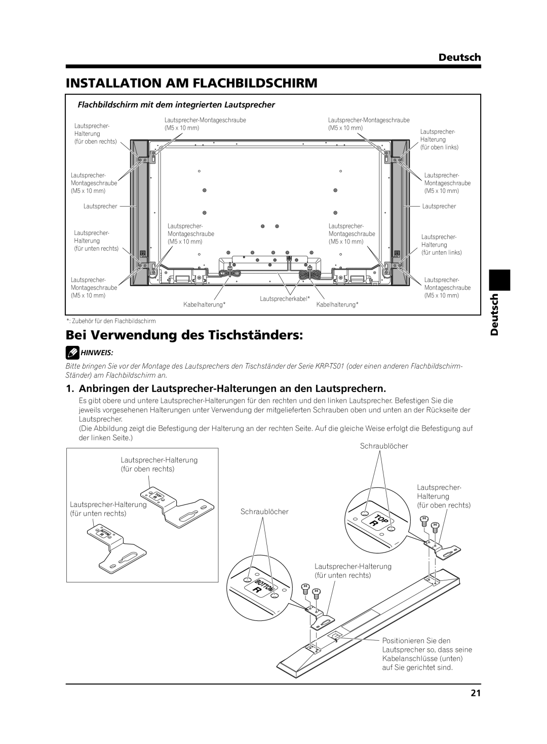 Pioneer KRP-S02 manual Installation AM Flachbildschirm, Bei Verwendung des Tischständers,  Hinweis 