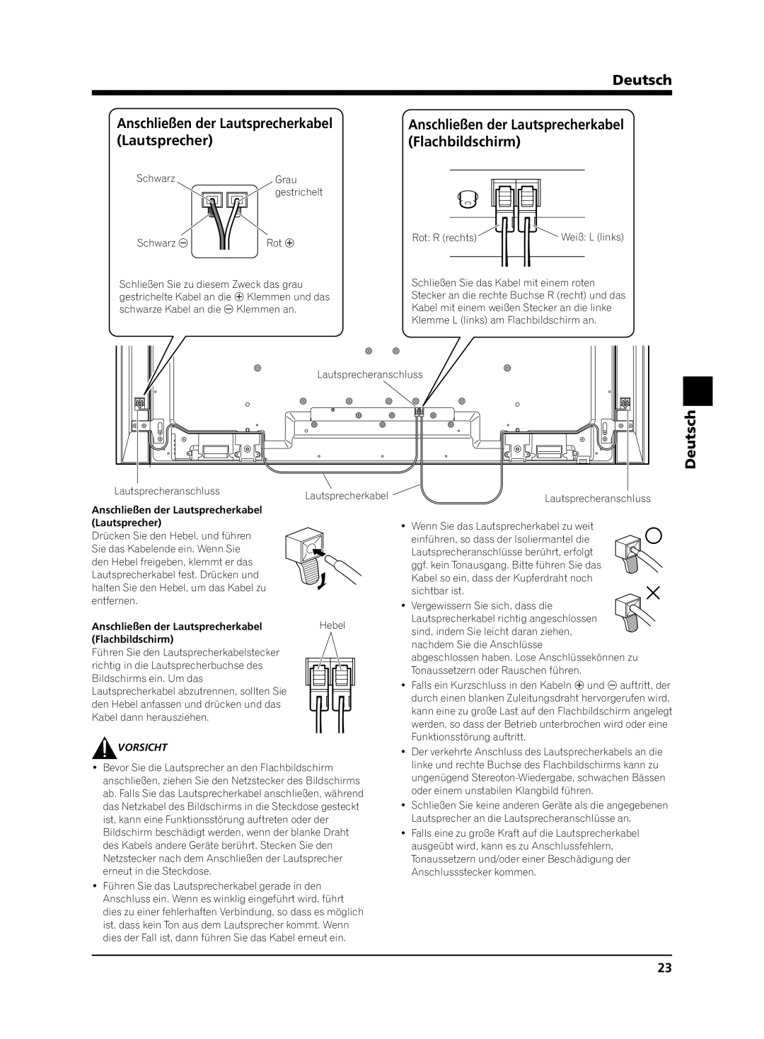 Pioneer KRP-S02 manual Deutsch Anschließen der Lautsprecherkabel, Lautsprecher Flachbildschirm, Vorsicht 