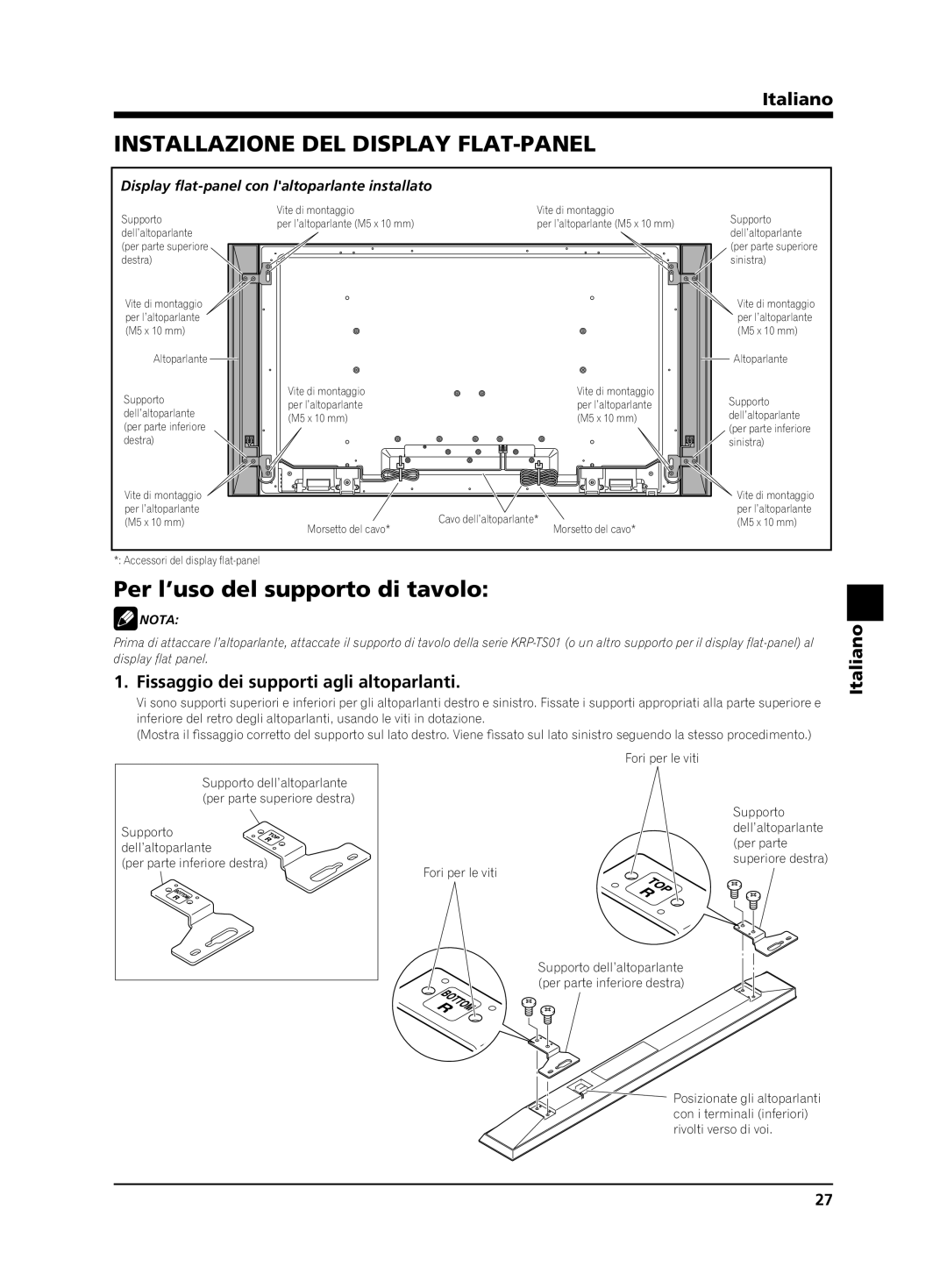 Pioneer KRP-S02 manual Installazione DEL Display FLAT-PANEL, Per l’uso del supporto di tavolo,  Nota 