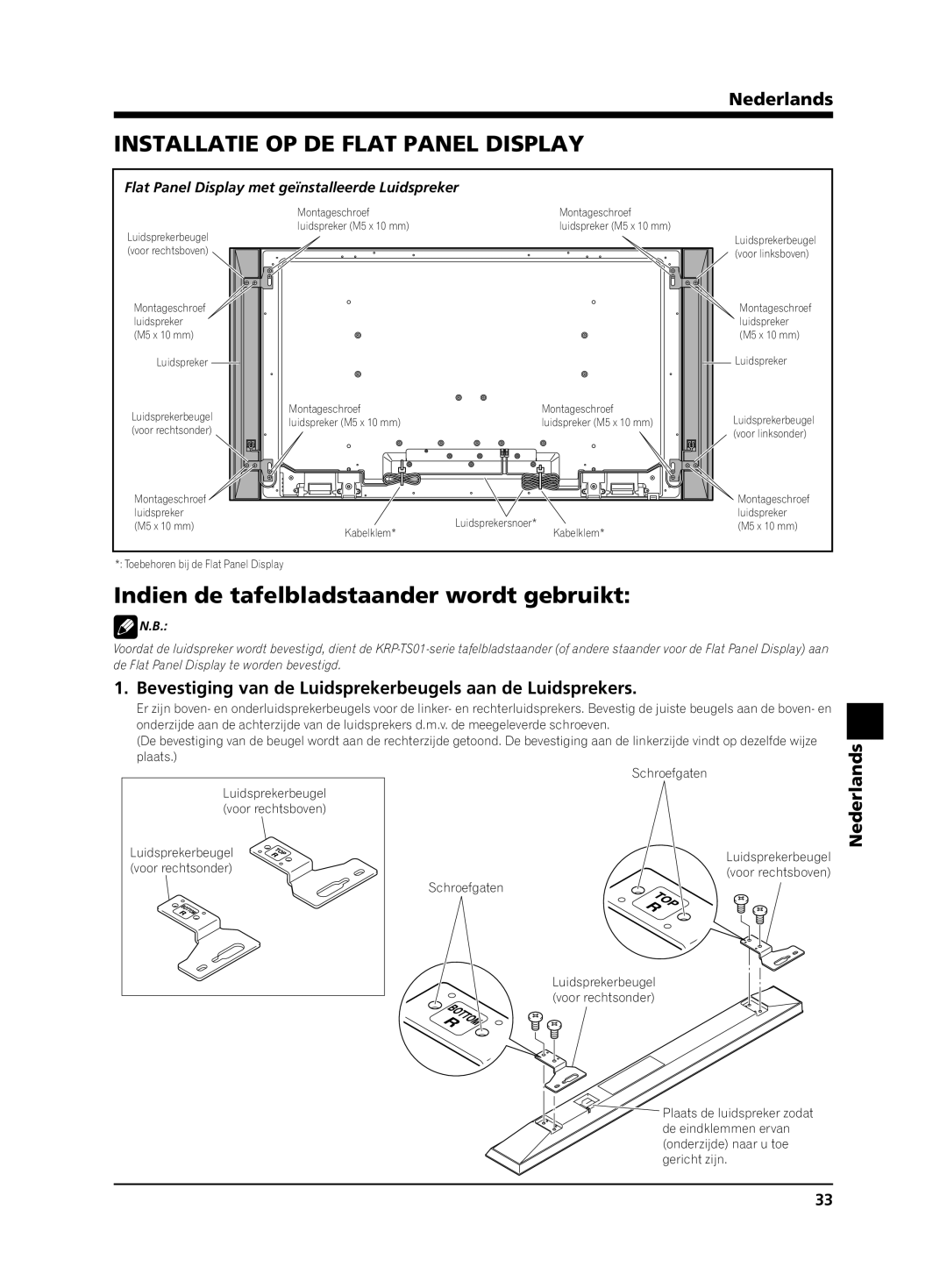 Pioneer KRP-S02 manual Installatie OP DE Flat Panel Display, Indien de tafelbladstaander wordt gebruikt,  N.B 