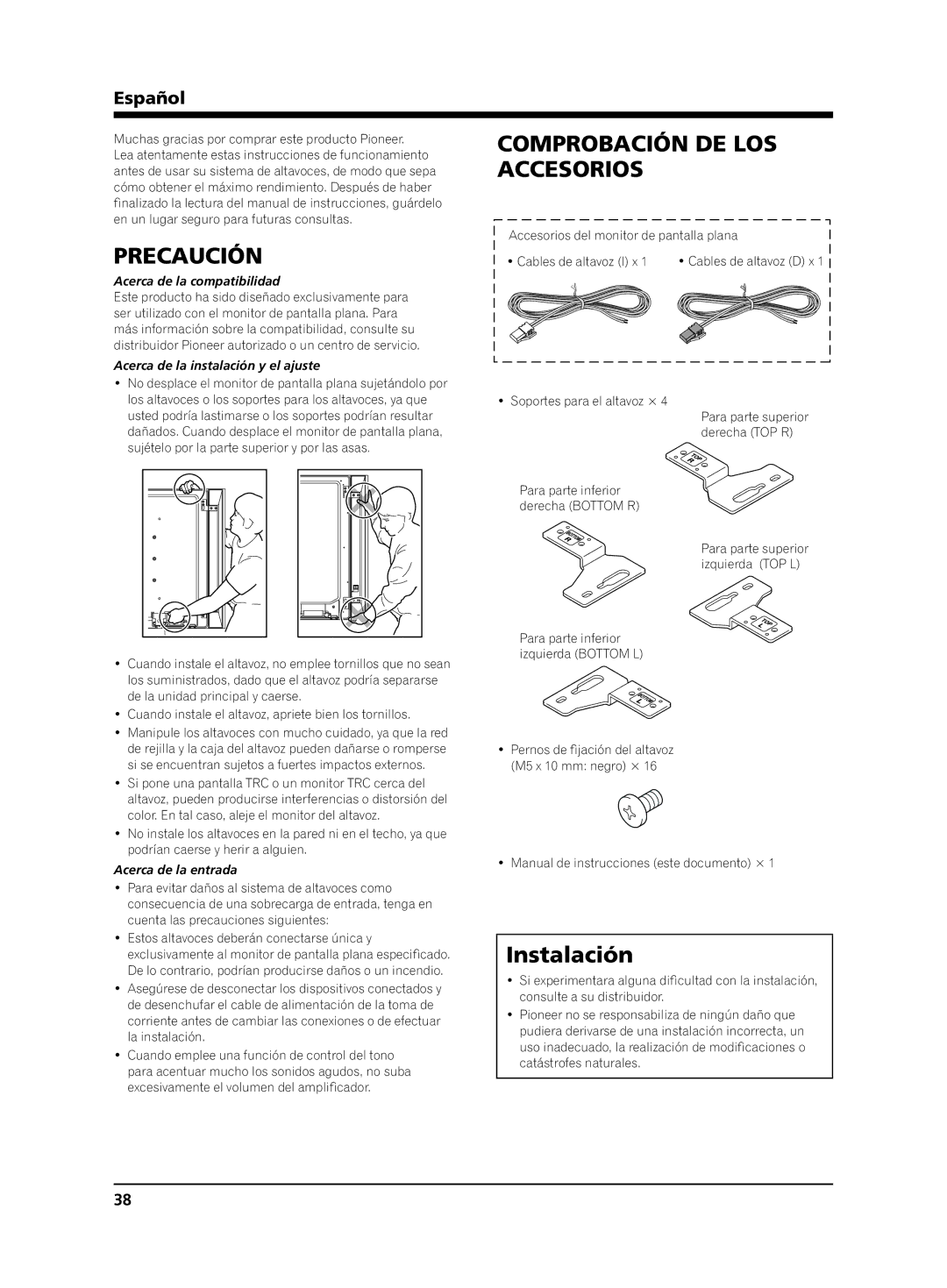 Pioneer KRP-S02 manual Precaución, Comprobación DE LOS Accesorios, Instalación, Español 