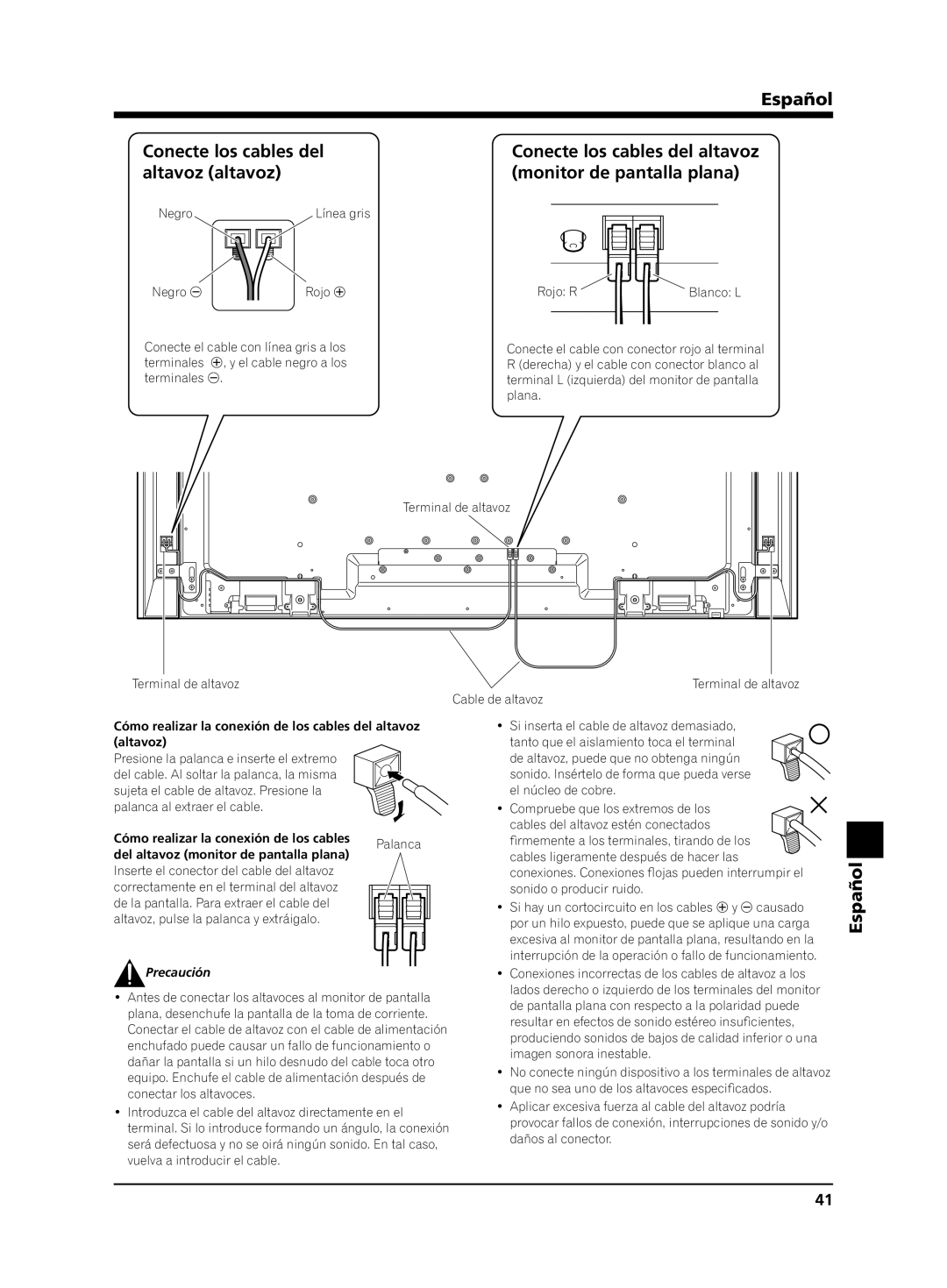 Pioneer KRP-S02 manual Español Conecte los cables del, Altavoz altavoz Monitor de pantalla plana, Precaución 