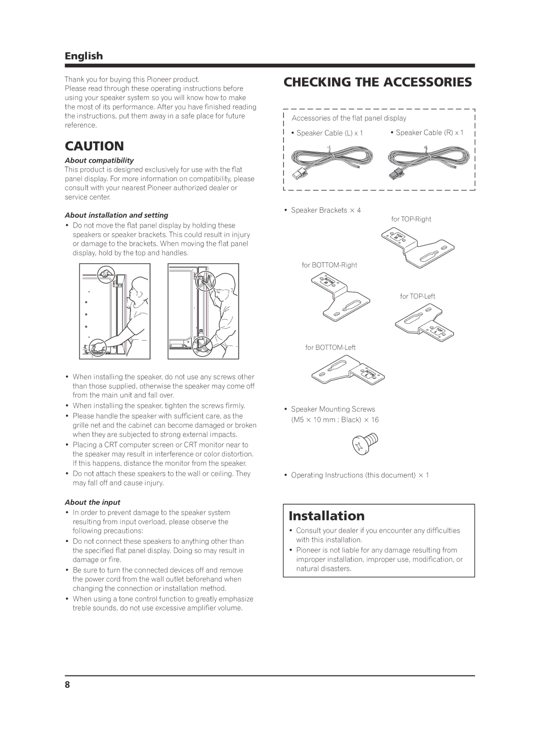 Pioneer KRP-S02 manual Checking the Accessories, Installation, English 