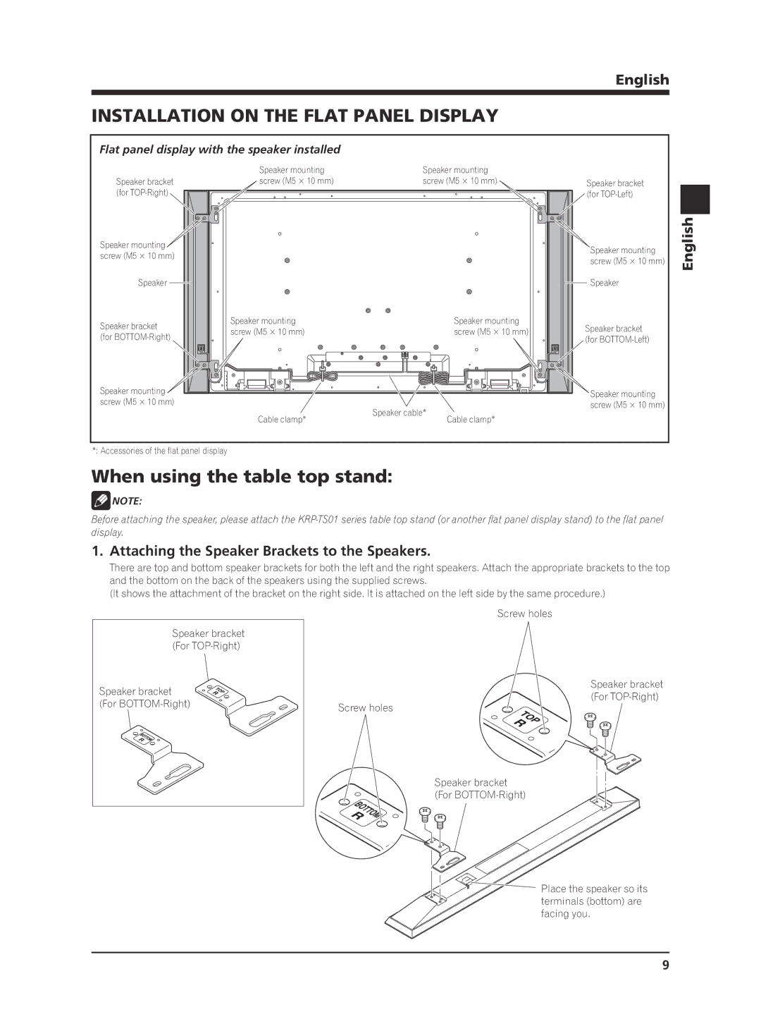 Pioneer KRP-S02 manual Installation on the Flat Panel Display, When using the table top stand,  Note 