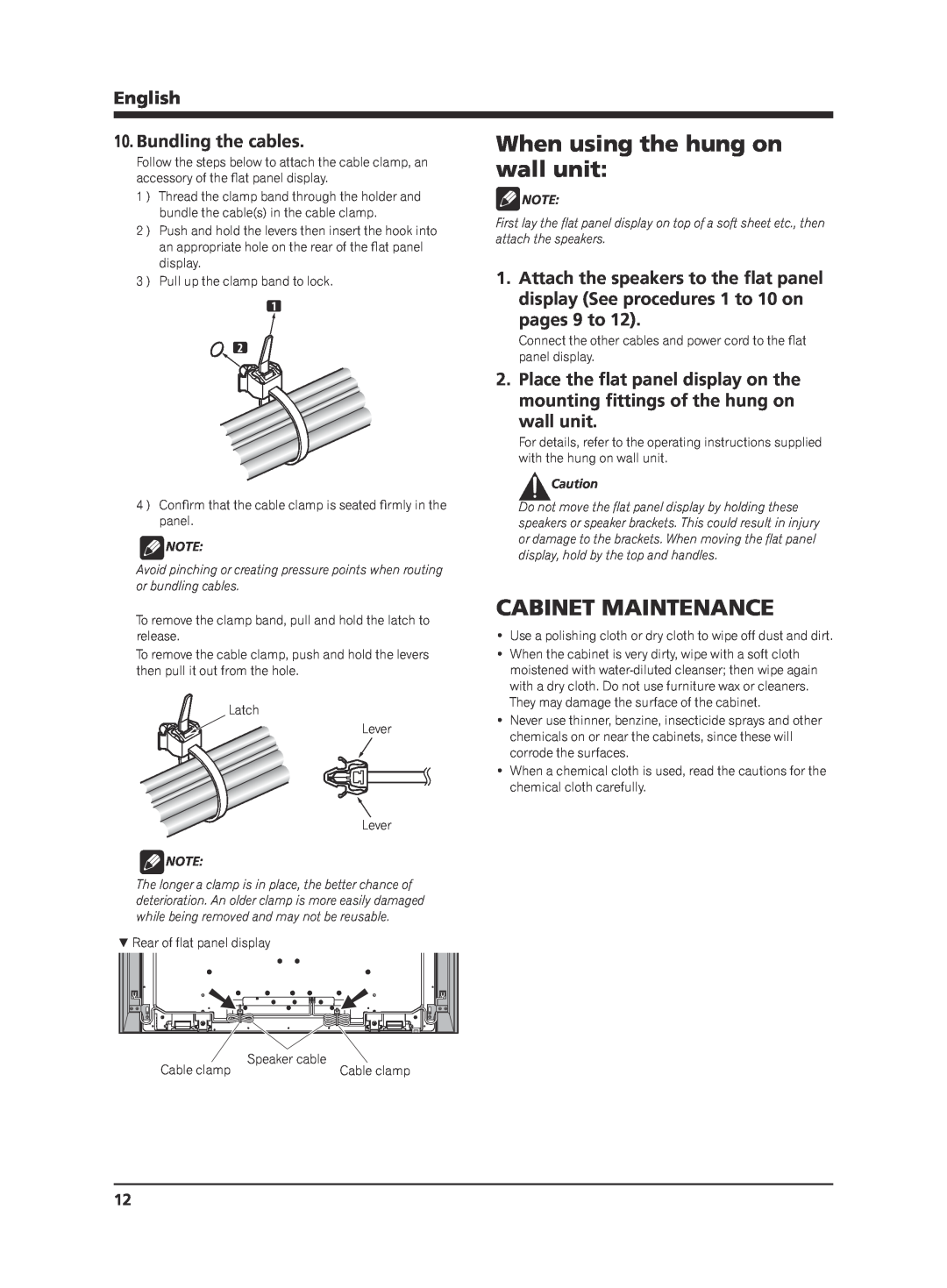 Pioneer KRP-S02 manual When using the hung on, wall unit, Cabinet Maintenance, Bundling the cables, pages 9 to, English 
