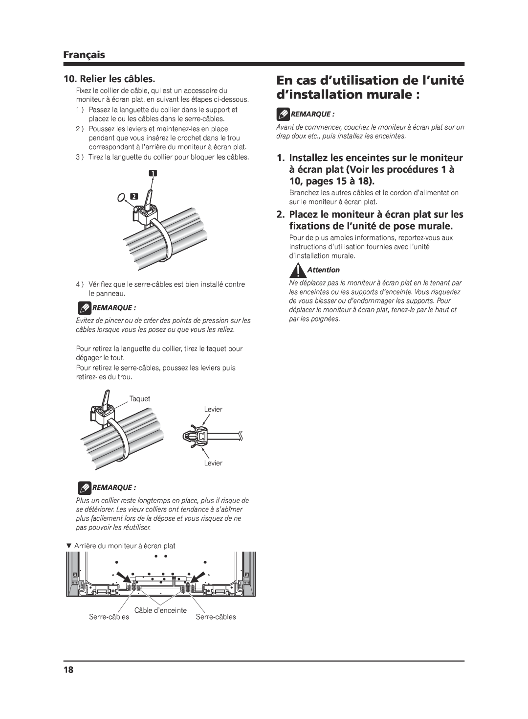 Pioneer KRP-S02 manual En cas d’utilisation de l’unité, d’installation murale, Relier les câbles, 10, pages 15 à, Français 
