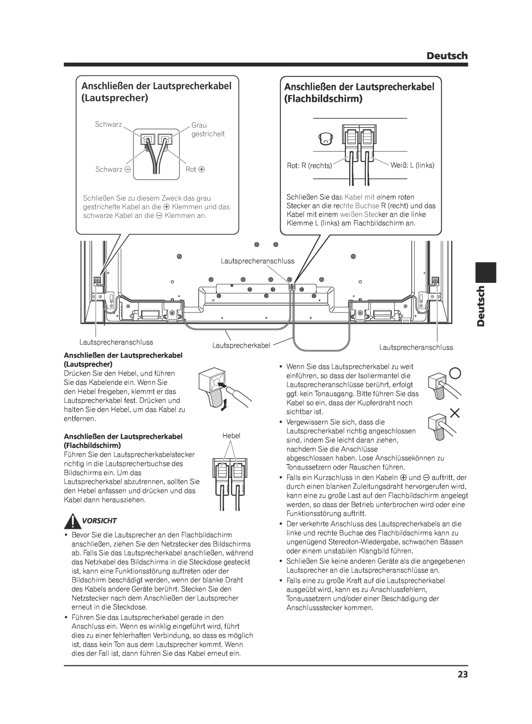 Pioneer KRP-S02 manual Anschließen der Lautsprecherkabel, Flachbildschirm, Deutsch, Hebel, Vorsicht 