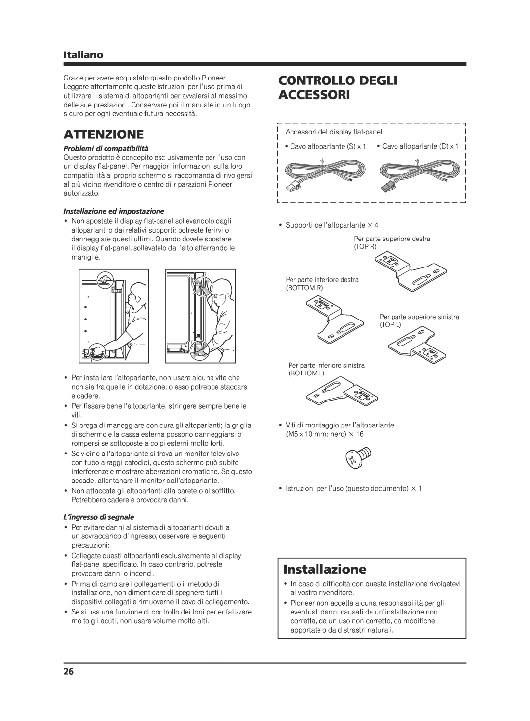 Pioneer KRP-S02 manual Attenzione, Controllo Degli Accessori, Installazione, Italiano, Problemi di compatibilità 