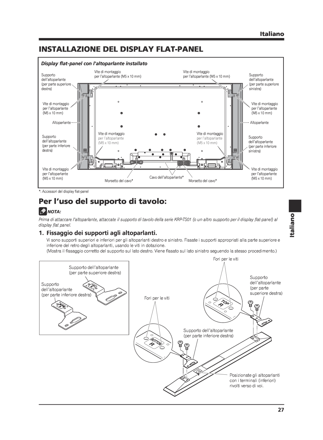 Pioneer KRP-S02 manual Installazione Del Display Flat-Panel, Per l’uso del supporto di tavolo, Italiano, Nota 