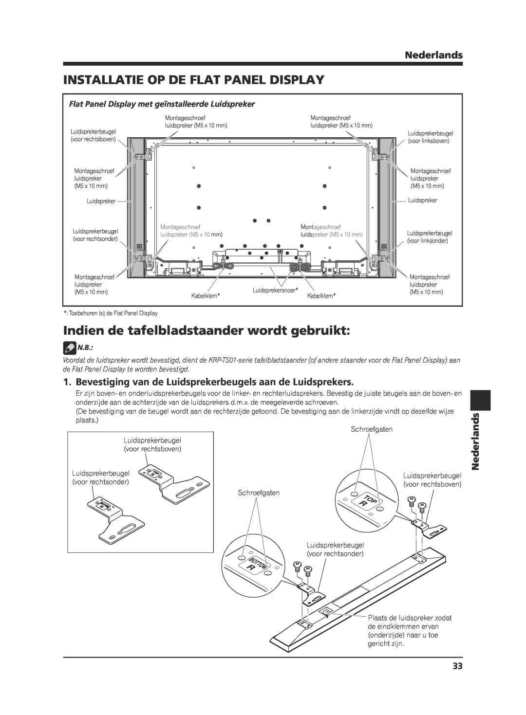 Pioneer KRP-S02 manual Installatie Op De Flat Panel Display, Indien de tafelbladstaander wordt gebruikt, Nederlands 