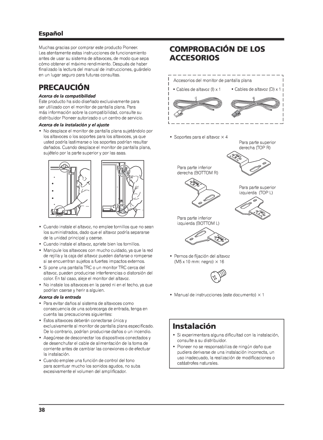 Pioneer KRP-S02 manual Precaución, Comprobación De Los Accesorios, Instalación, Español, Acerca de la compatibilidad 