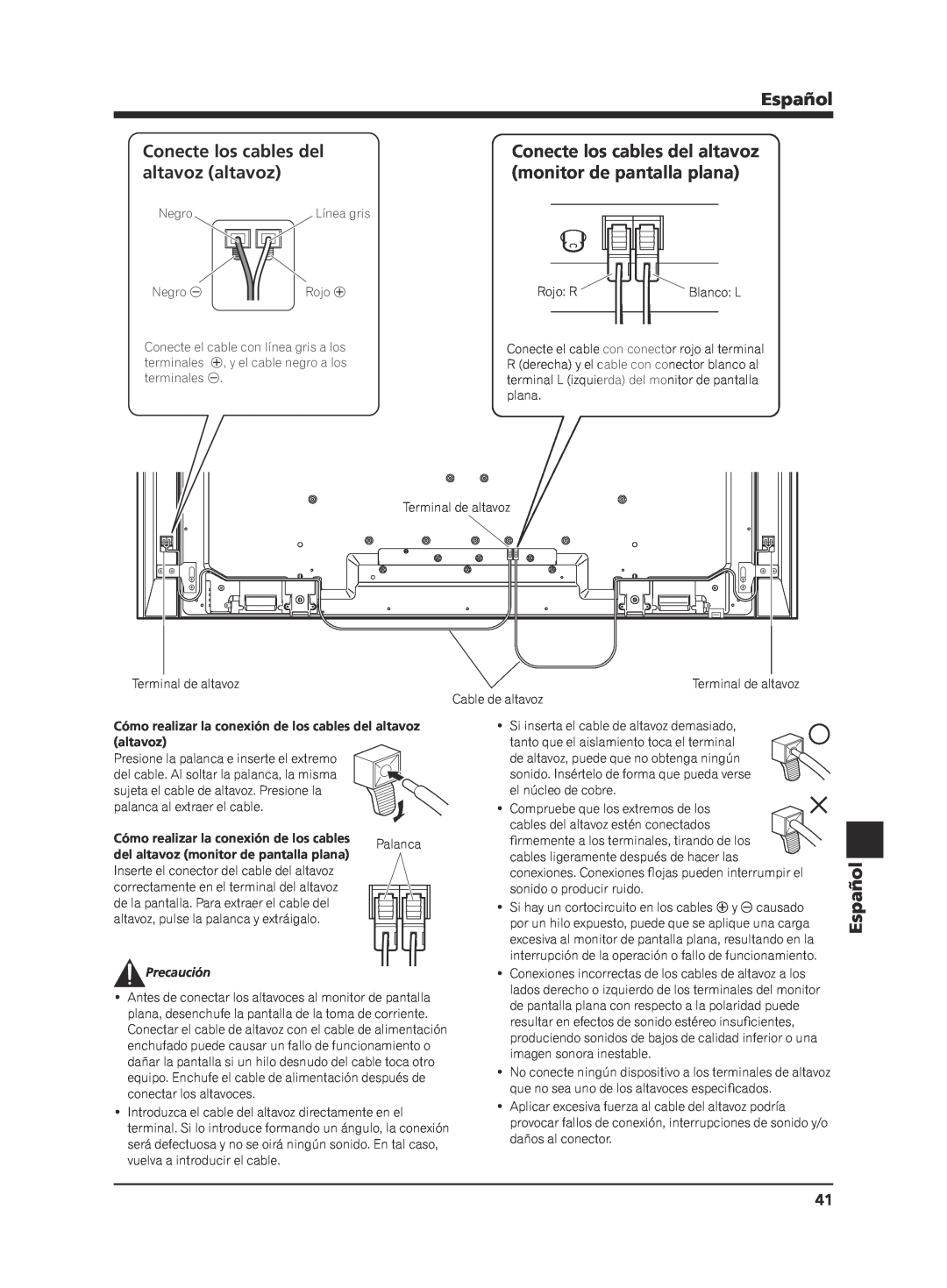 Pioneer KRP-S02 manual Conecte los cables del, altavoz altavoz, monitor de pantalla plana, Español, Palanca, Precaución 