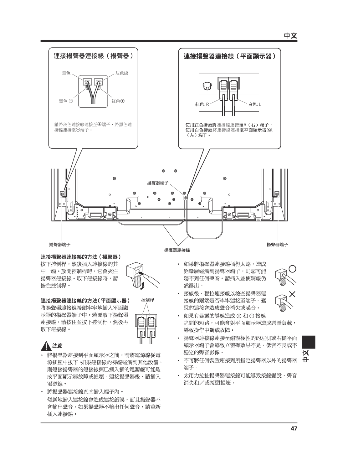 Pioneer KRP-S02 manual 連接揚聲器連接線的方法（揚聲器）, 連接揚聲器連接線的方法（平面顯示器） 