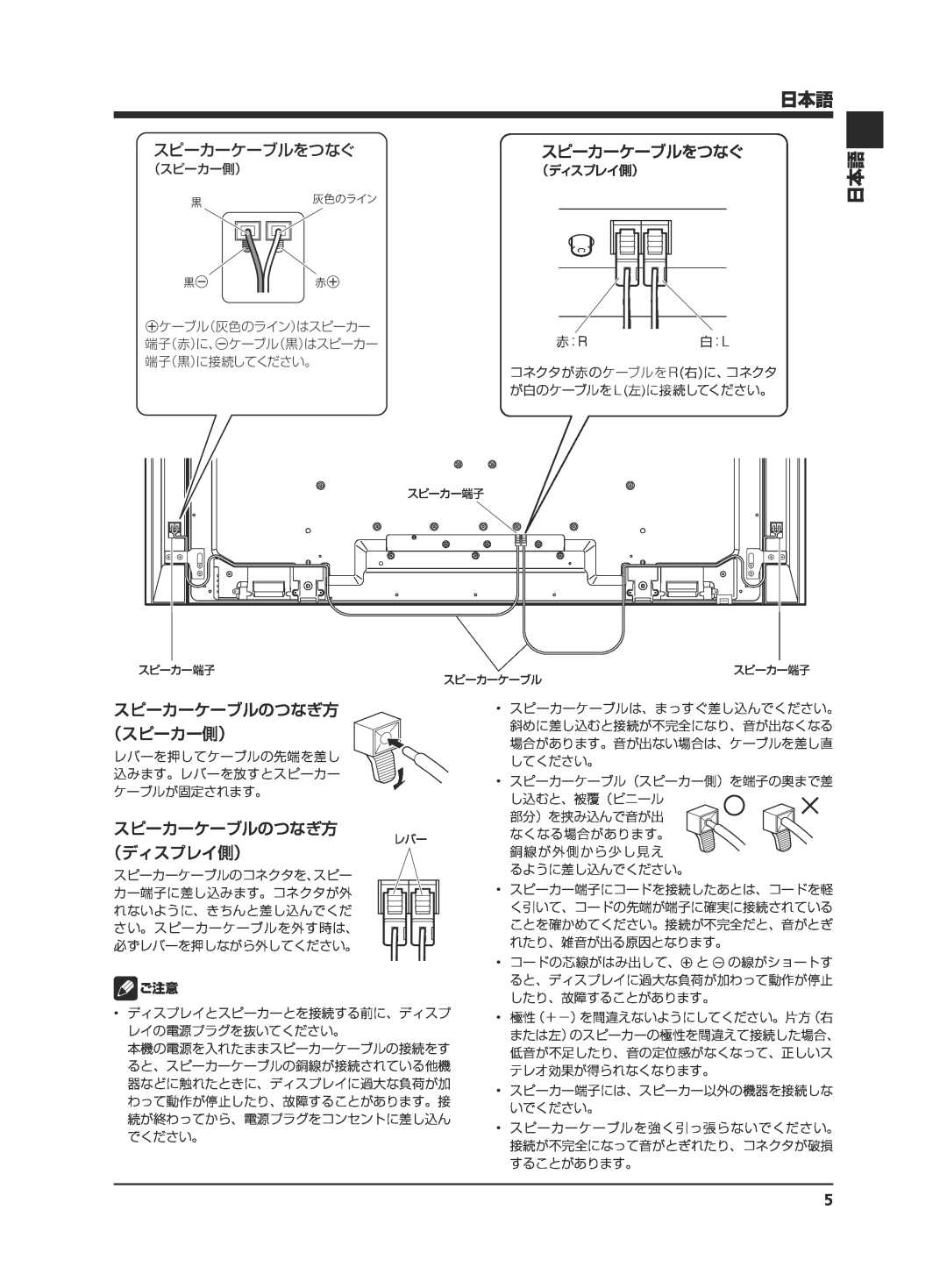 Pioneer KRP-S02 manual 日本語 日本語, スピーカーケーブルをつなぐスピーカーケーブルをつなぐ, スピーカーケーブルのつなぎ方 （スピーカー側）, （ディスプレイ側） 
