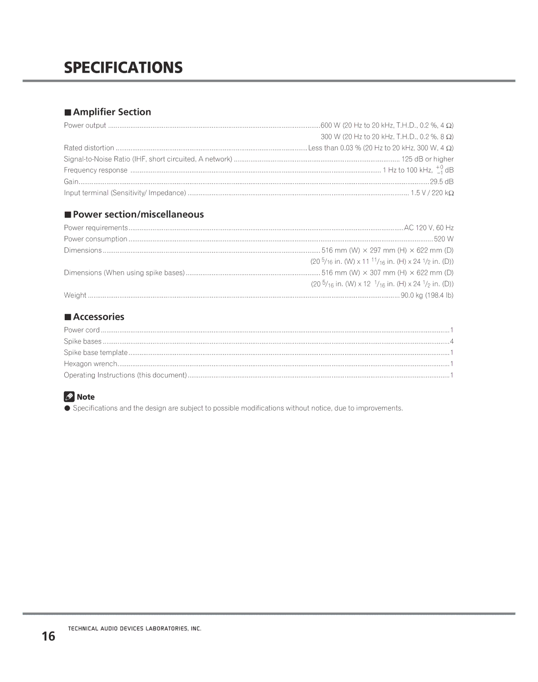 Pioneer M600 manual Specifications, ##Amplifier Section, ##Power section/miscellaneous, ##Accessories 