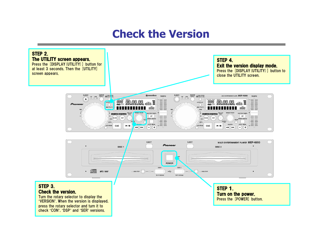 Pioneer MEP-4000, Multi Entertainment Player manual Check the Version, Utility screen appears, Check the version, Step 