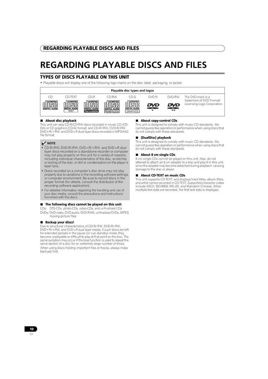 Pioneer MEP-7000 operating instructions Regarding Playable Discs and Files, Types of Discs Playable on this Unit 