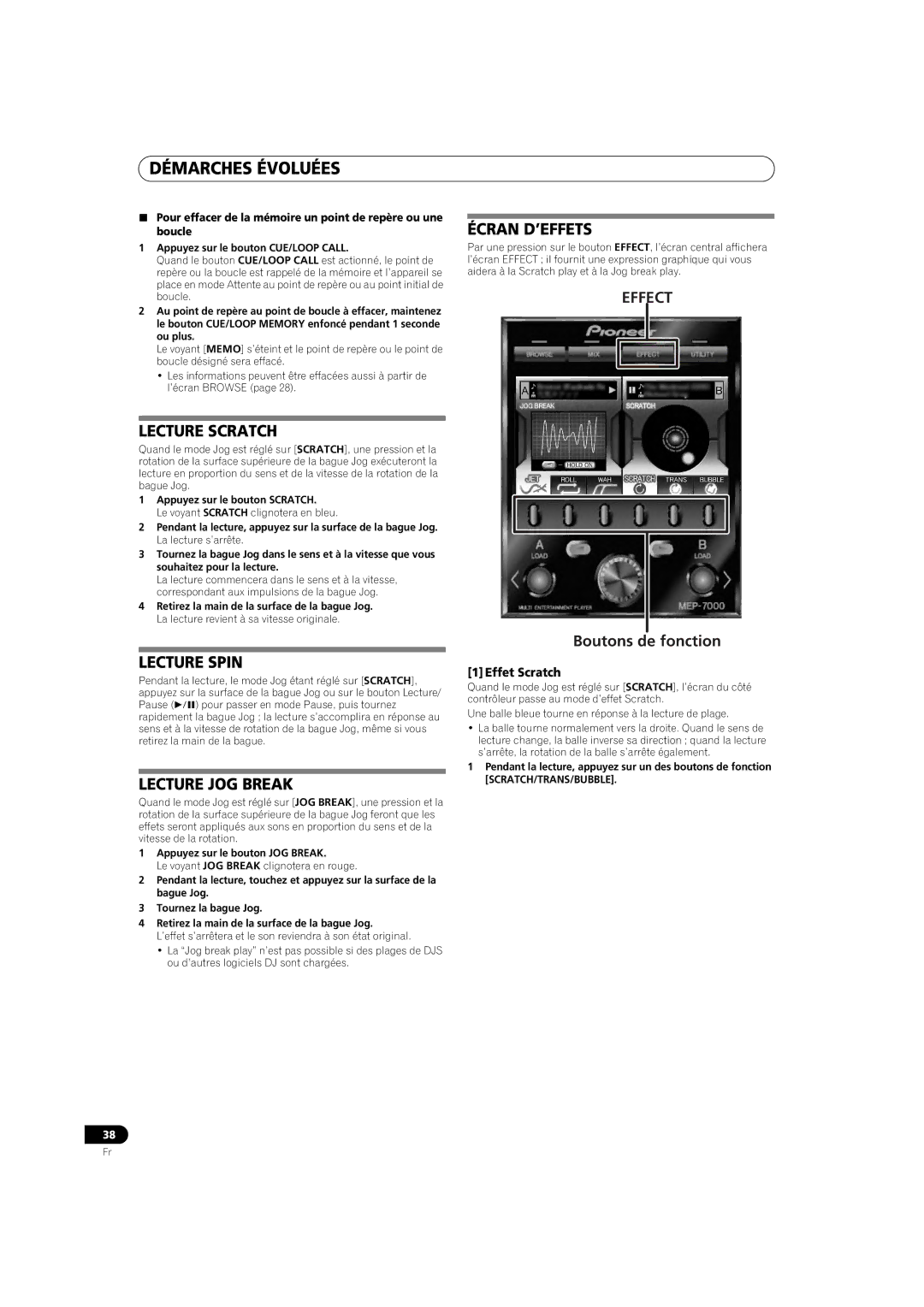 Pioneer MEP-7000 operating instructions Lecture Scratch, Lecture Spin, Lecture JOG Break, Écran D’EFFETS, Effet Scratch 