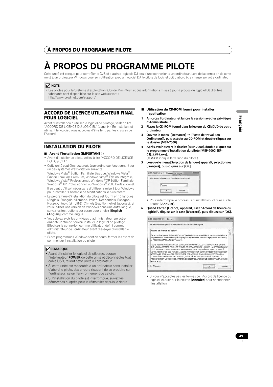 Pioneer MEP-7000 Propos DU Programme Pilote, Accord DE Licence Utilisateur Final Pour Logiciel, Installation DU Pilote 