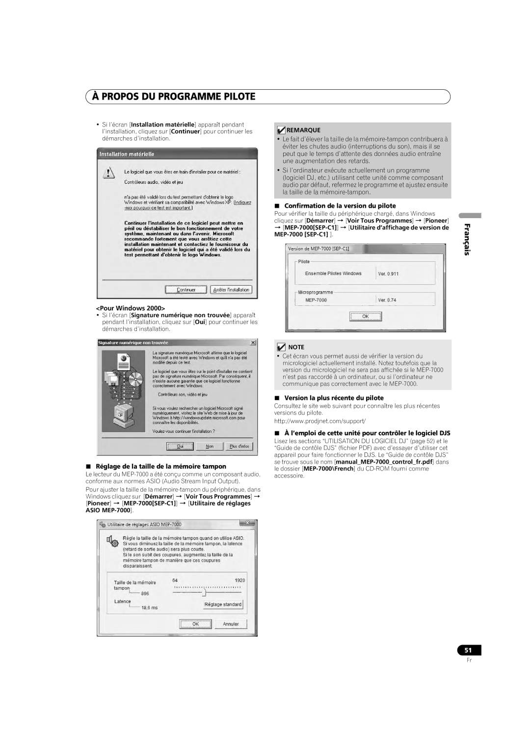 Pioneer MEP-7000 operating instructions  Réglage de la taille de la mémoire tampon,  Confirmation de la version du pilote 