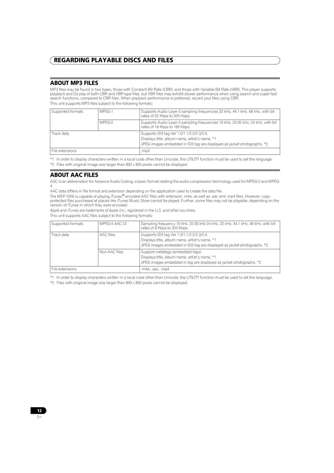 Pioneer MEP-7000 operating instructions About MP3 Files, About AAC Files, MPEG-1, MPEG-2, MPEG-4 AAC LE 