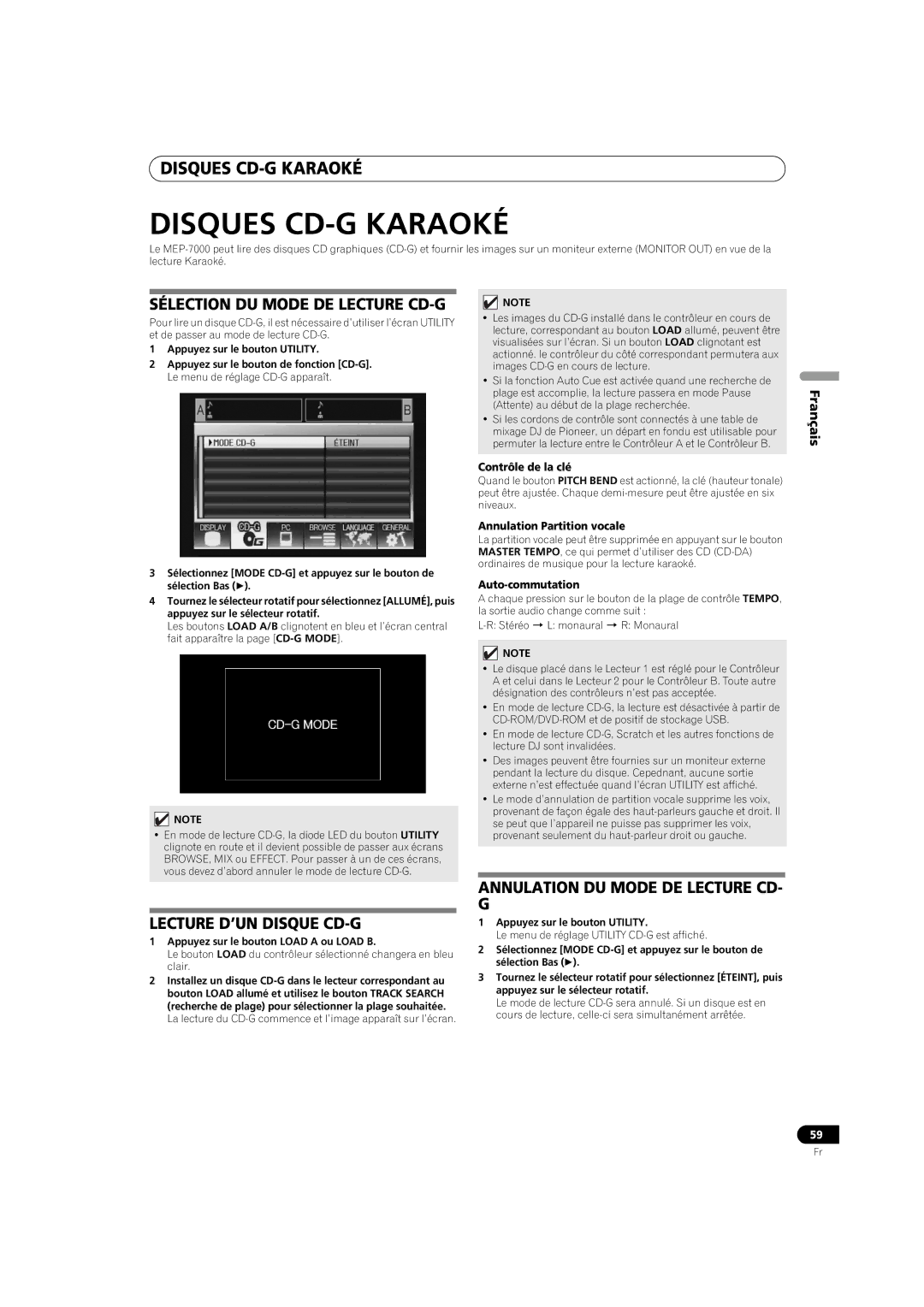 Pioneer MEP-7000 operating instructions Disques CD-G Karaoké, Sélection DU Mode DE Lecture CD-G, Lecture D’UN Disque CD-G 