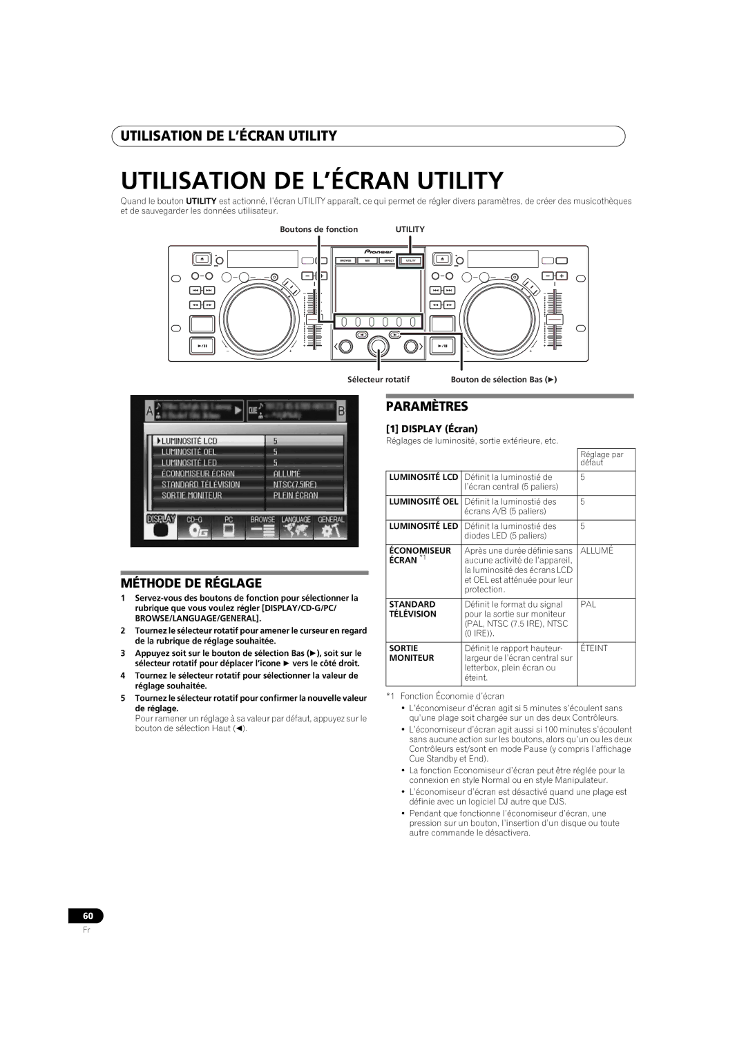 Pioneer MEP-7000 operating instructions Utilisation DE L’ÉCRAN Utility, Méthode DE Réglage, Paramètres, Display Écran 