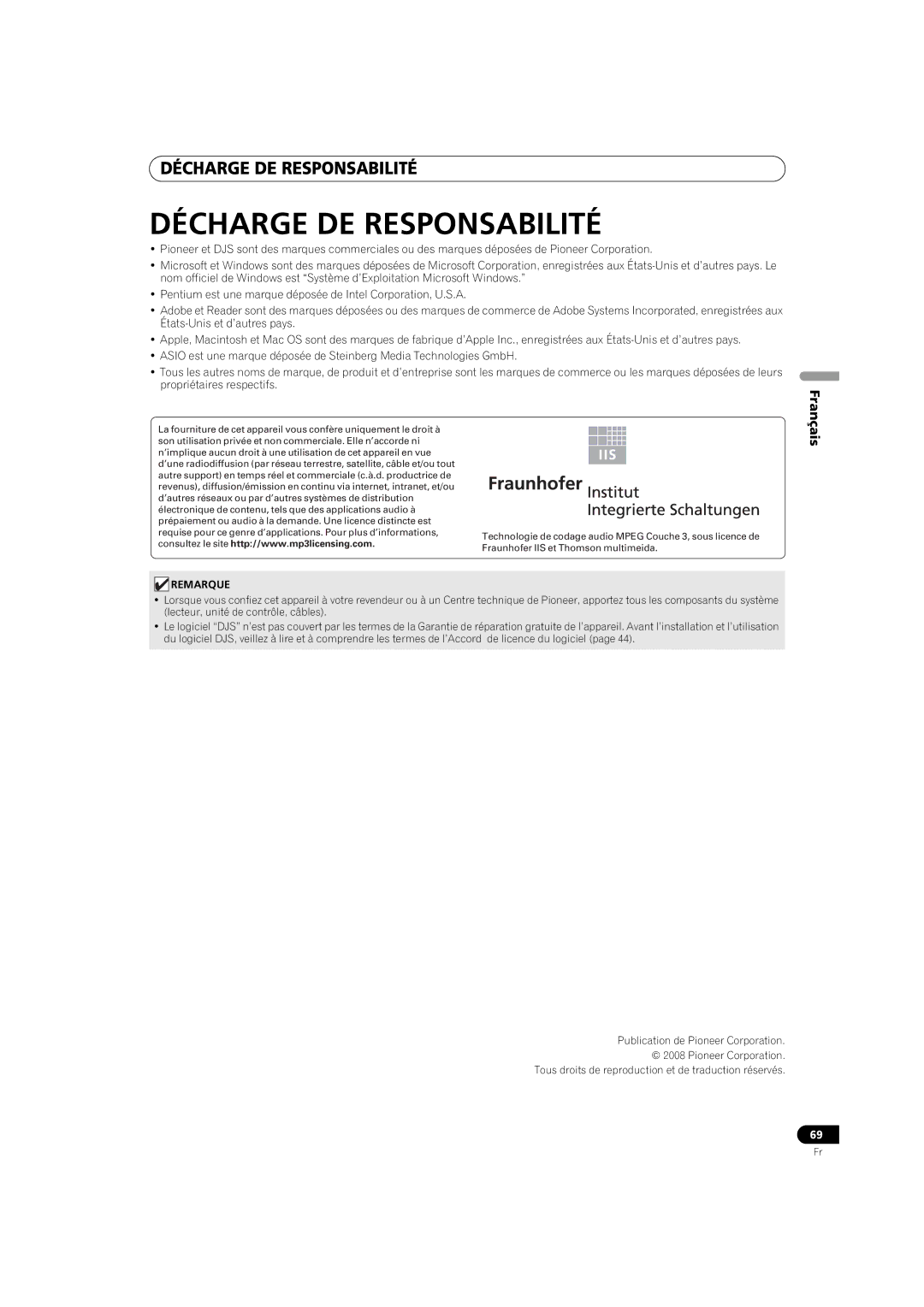 Pioneer MEP-7000 operating instructions Décharge DE Responsabilité, Remarque 