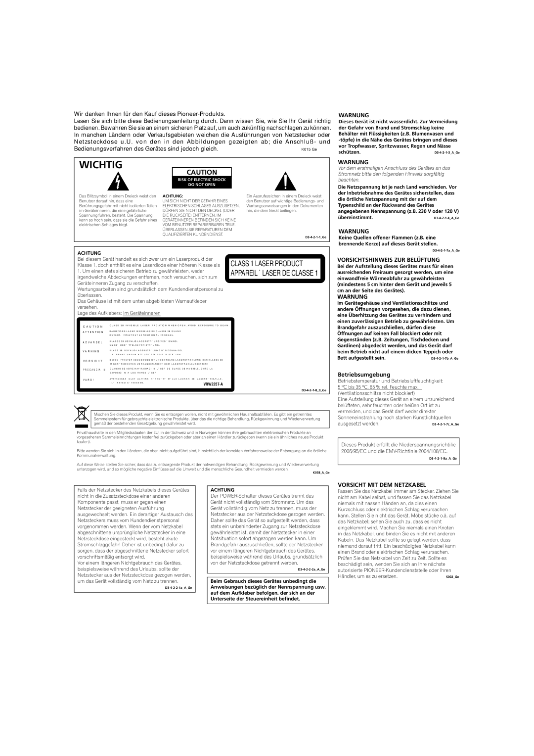 Pioneer MEP-7000 Warnung, Vorsichtshinweis ZUR Belüftung, Betriebsumgebung, Vorsicht MIT DEM Netzkabel 