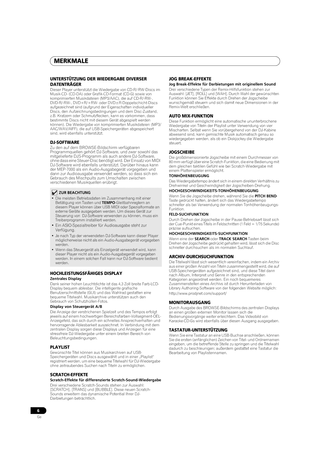 Pioneer MEP-7000 operating instructions ZUR Beachtung, Hochgeschwindigkeits-Tonhöhenbeugung, Feld-Suchfunktion 