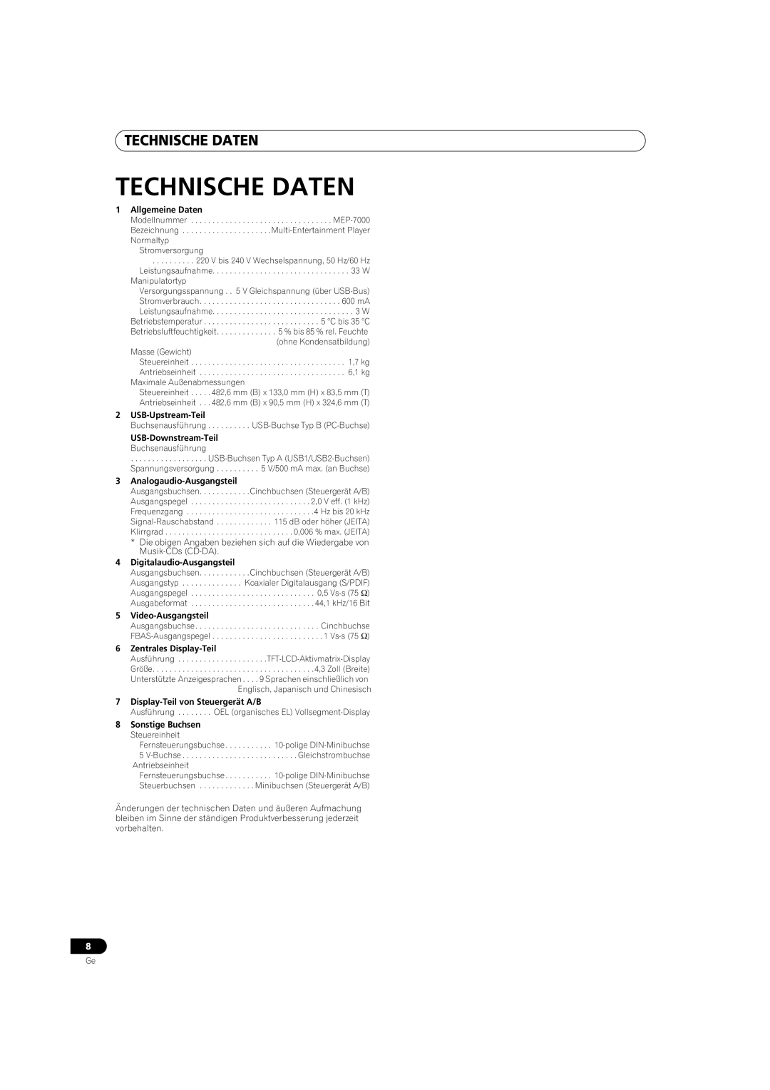 Pioneer MEP-7000 operating instructions Technische Daten 