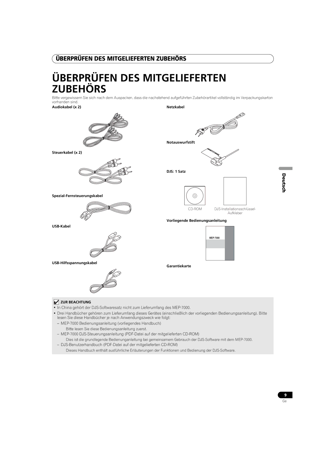 Pioneer MEP-7000 Überprüfen DES Mitgelieferten Zubehörs, Audiokabel x Netzkabel, Vorliegende Bedienungsanleitung USB-Kabel 