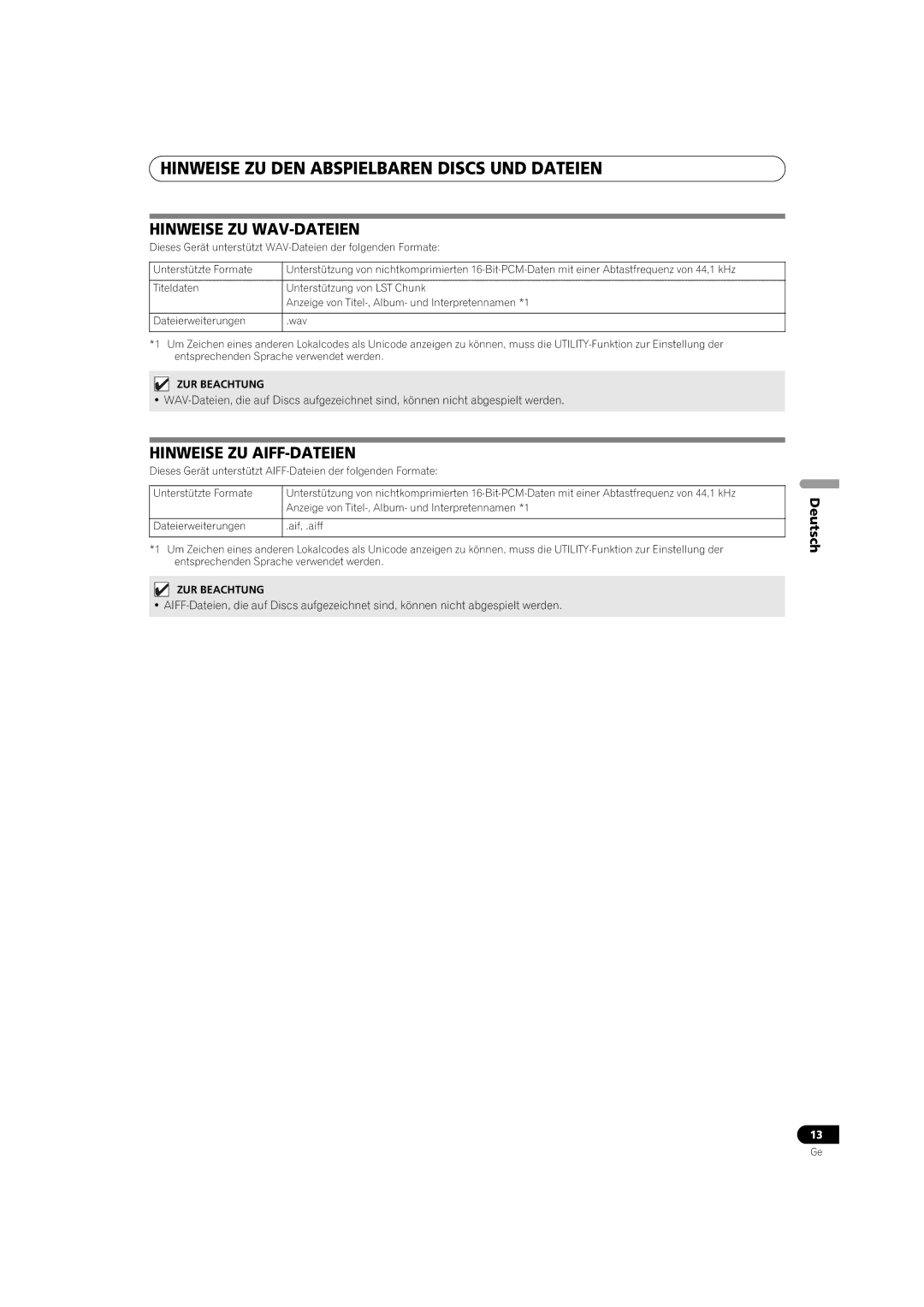 Pioneer MEP-7000 operating instructions Hinweise ZU WAV-DATEIEN, Hinweise ZU AIFF-DATEIEN 