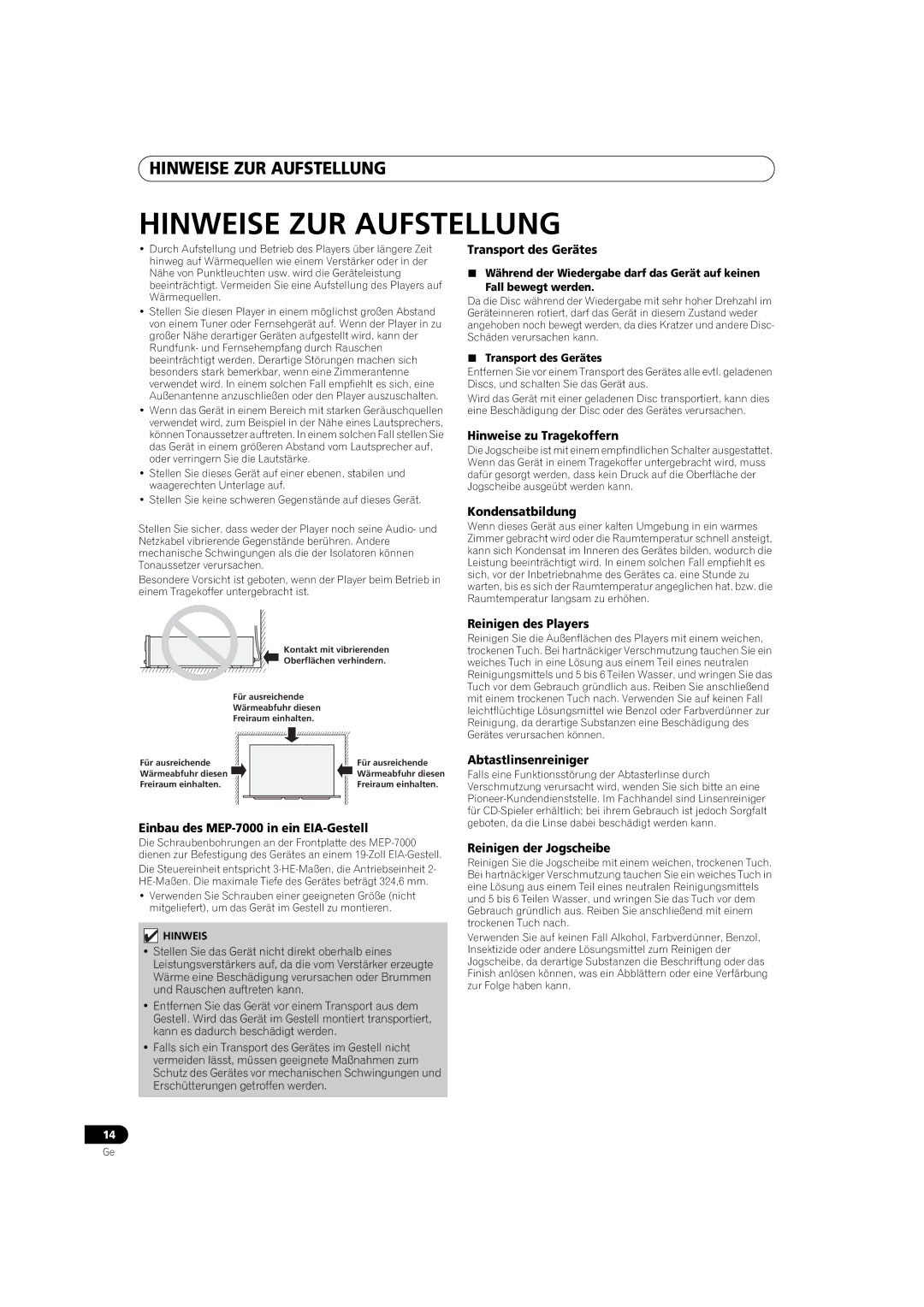 Pioneer MEP-7000 operating instructions Hinweise ZUR Aufstellung 