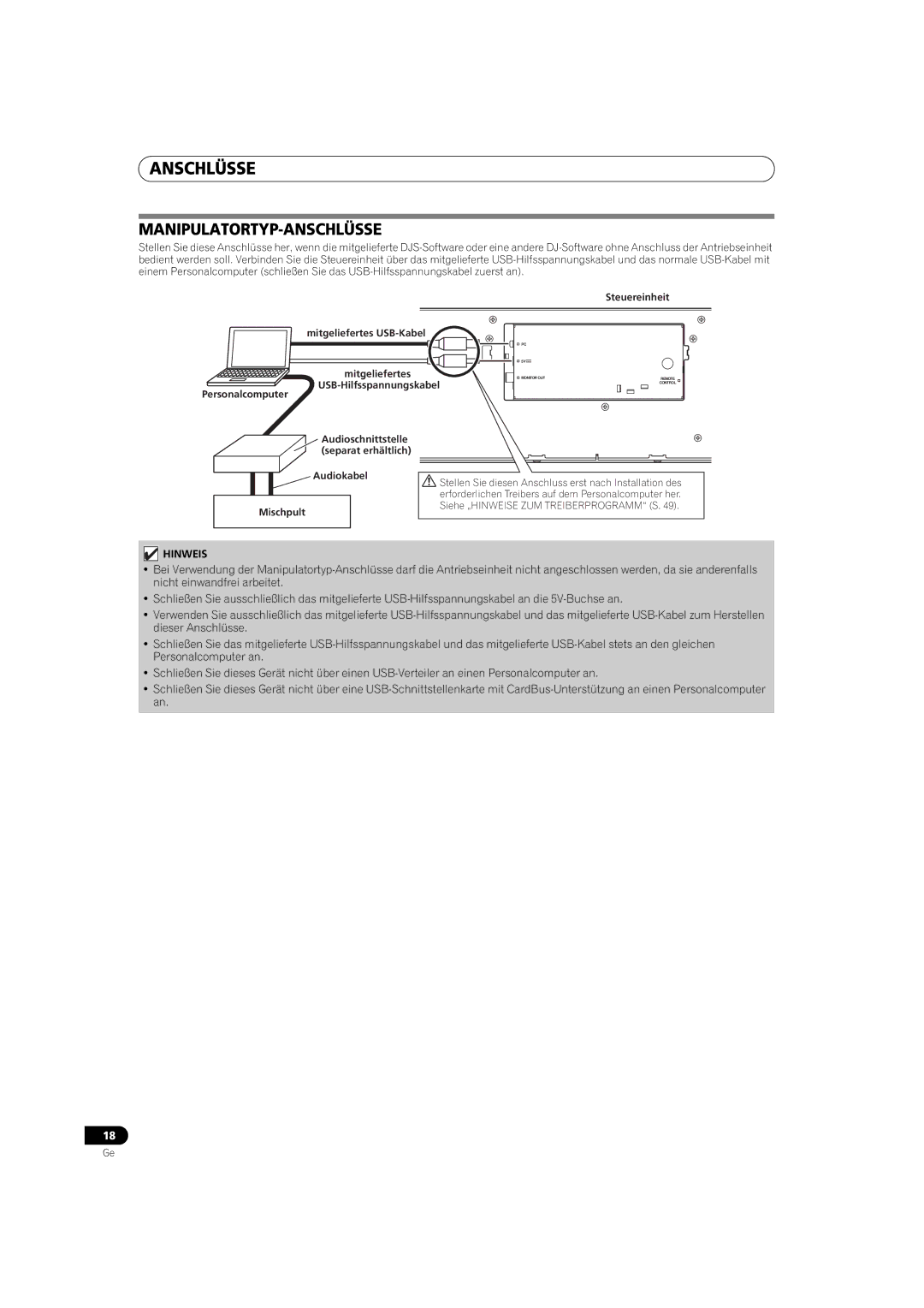 Pioneer MEP-7000 operating instructions Manipulatortyp-Anschlüsse, Audiokabel Mischpult 