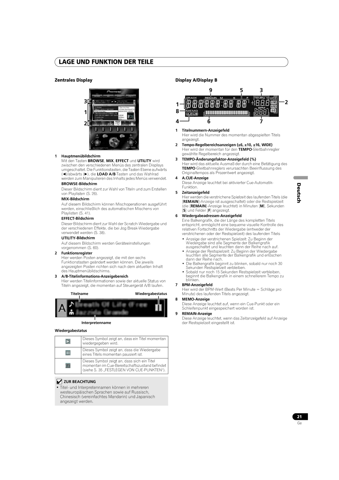 Pioneer MEP-7000 operating instructions Zentrales Display 