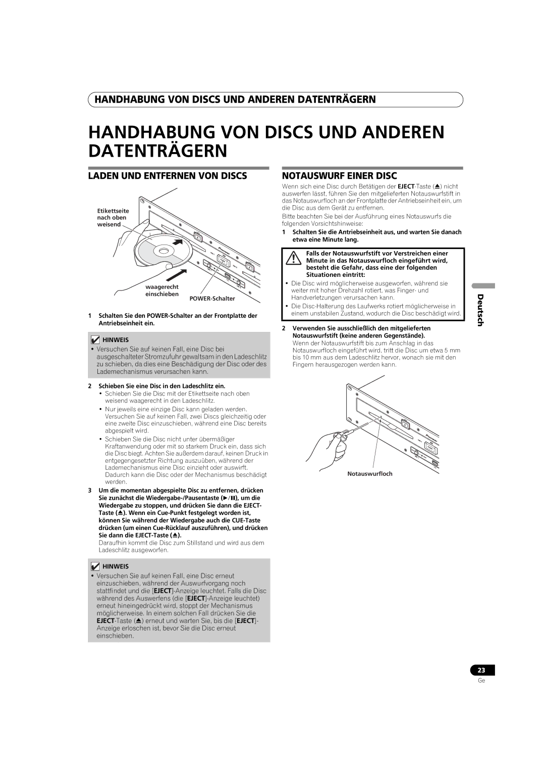 Pioneer MEP-7000 Handhabung VON Discs UND Anderen Datenträgern, Laden UND Entfernen VON Discs, Notauswurf Einer Disc 