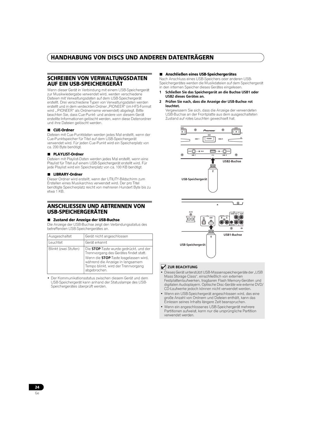 Pioneer MEP-7000 operating instructions Anschliessen UND Abtrennen VON USB-SPEICHERGERÄTEN 