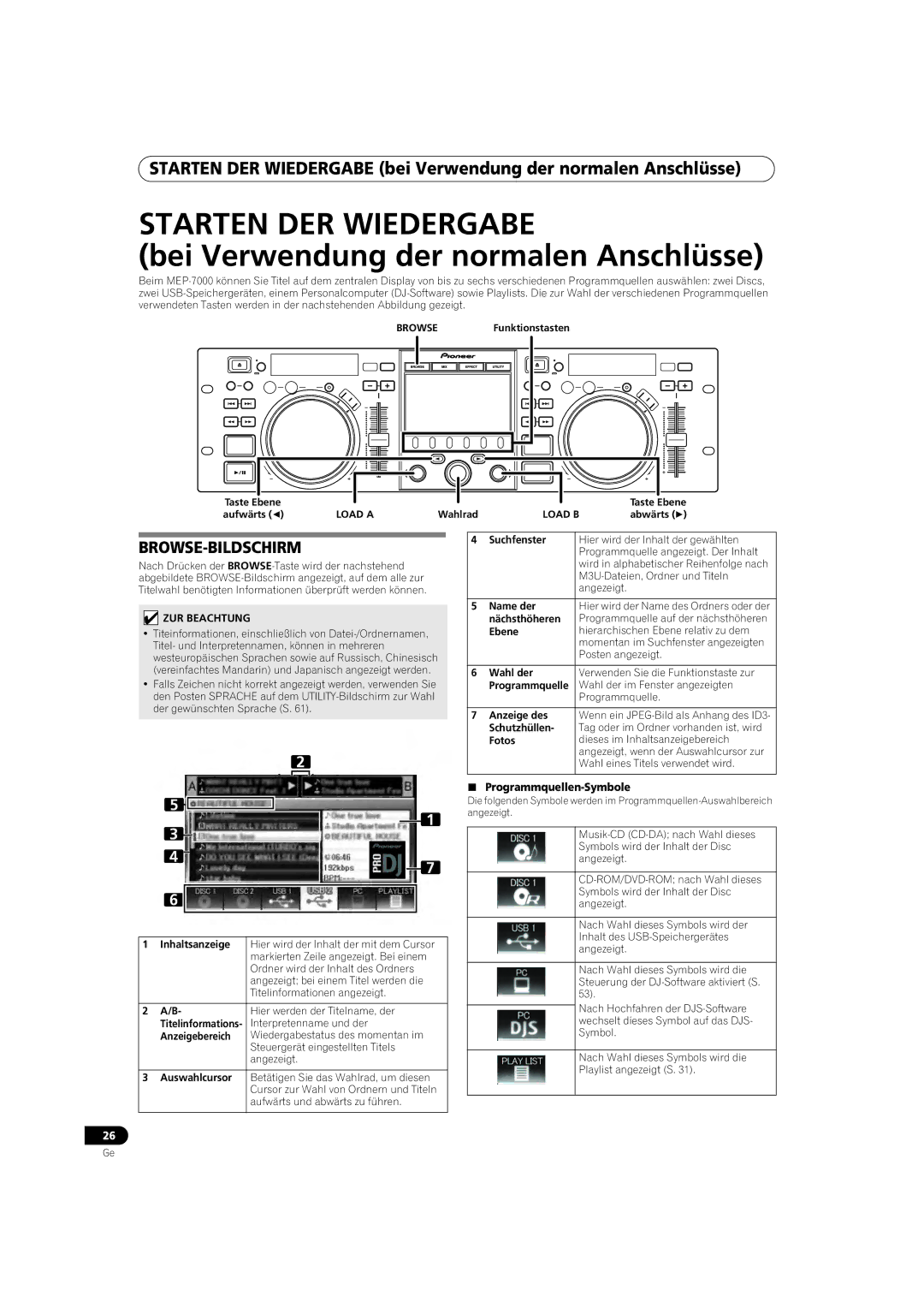 Pioneer MEP-7000 operating instructions Starten DER Wiedergabe, Browse-Bildschirm,  Programmquellen-Symbole 