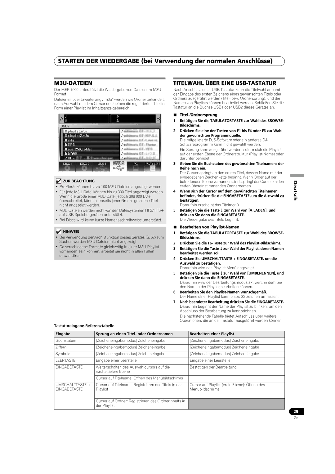 Pioneer MEP-7000 M3U-DATEIEN,  Titel-/Ordnersprung,  Bearbeiten von Playlist-Namen, Tastatureingabe-Referenztabelle 